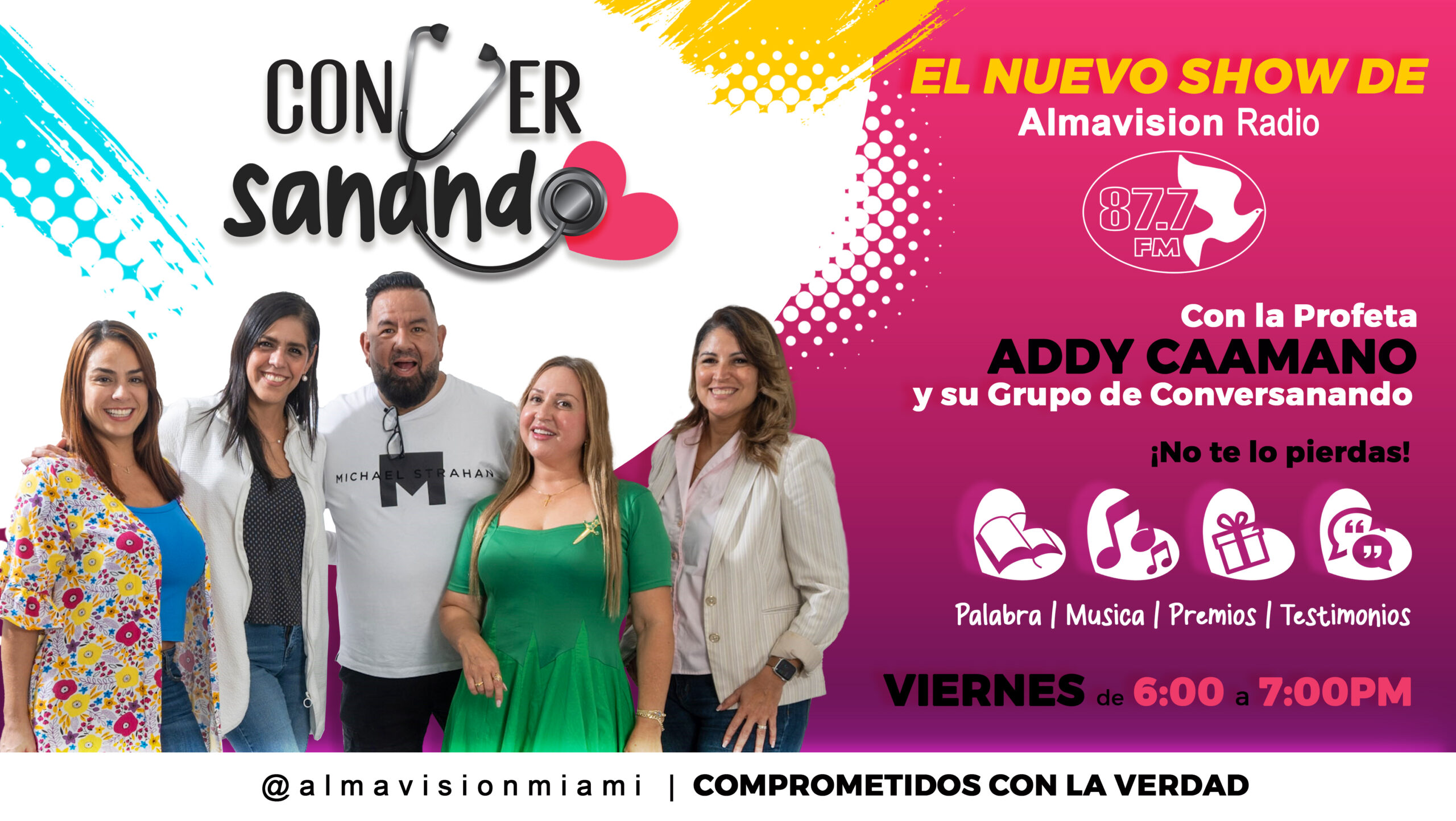 Banner nuevo radio Show de almavision radio Miami Conversanando con la profeta Addy Caamaño y su grupo de Conversanando.